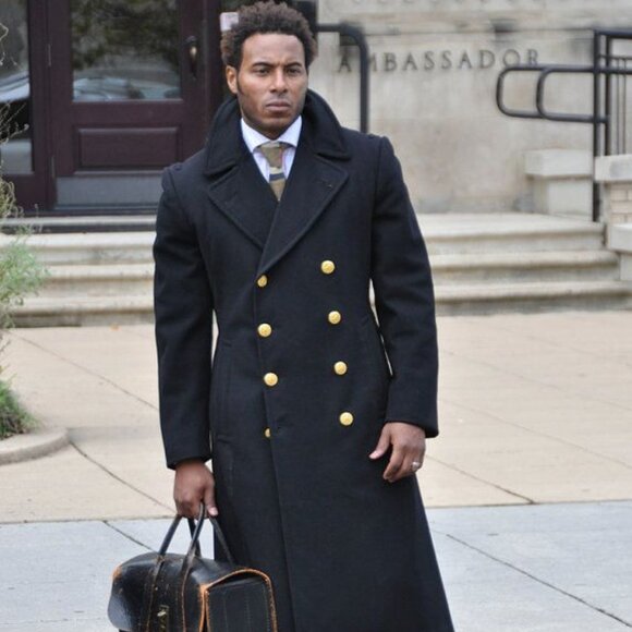 CLOTHING SUPPLY MEN'S VINTAGE BLACK PURE WOOL DOUBLE BREASTED TRENCH - Picture 1 of 17